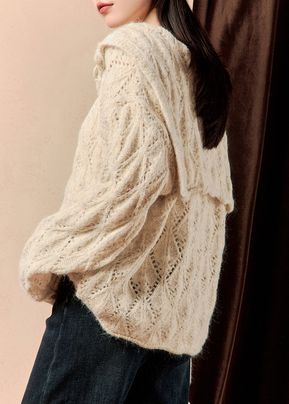 Floral Beige Button Hollow Out Knit Sweaters Spring