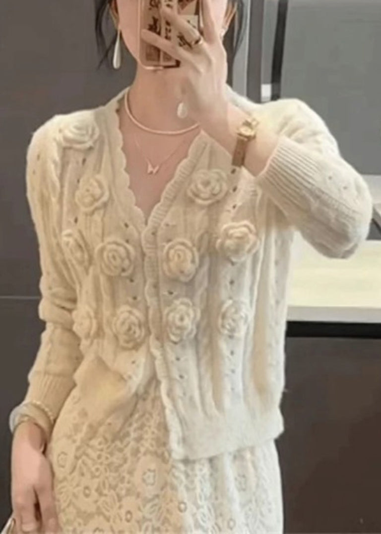 Floral Beige V Neck Hollow Out Knit Cardigans Winter