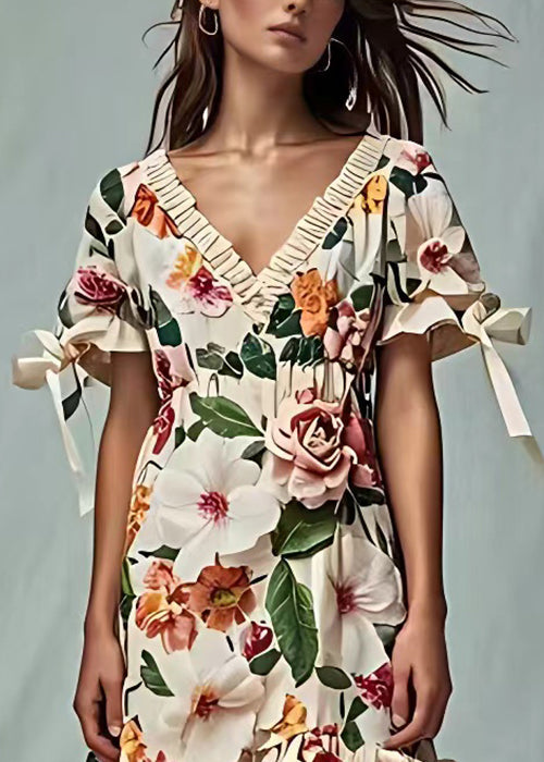 Floral Beige V Neck Print Cotton Dresses Short Sleeve
