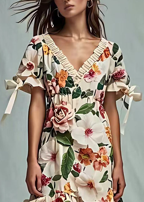 Floral Beige V Neck Print Cotton Dresses Short Sleeve