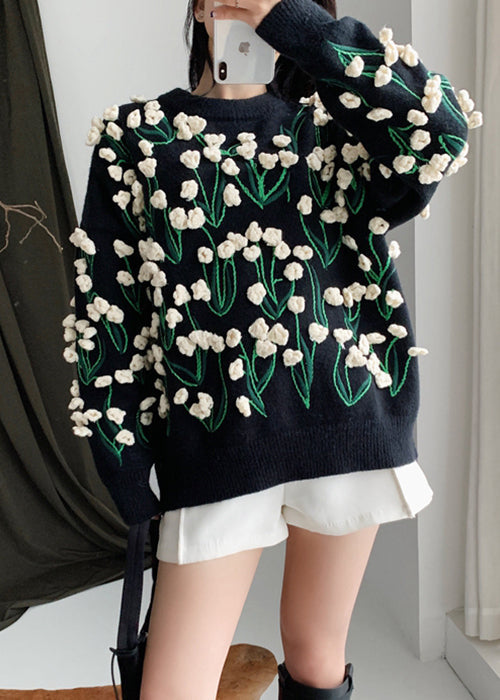 Floral Black O Neck Cozy Cotton Knit Sweater Winter