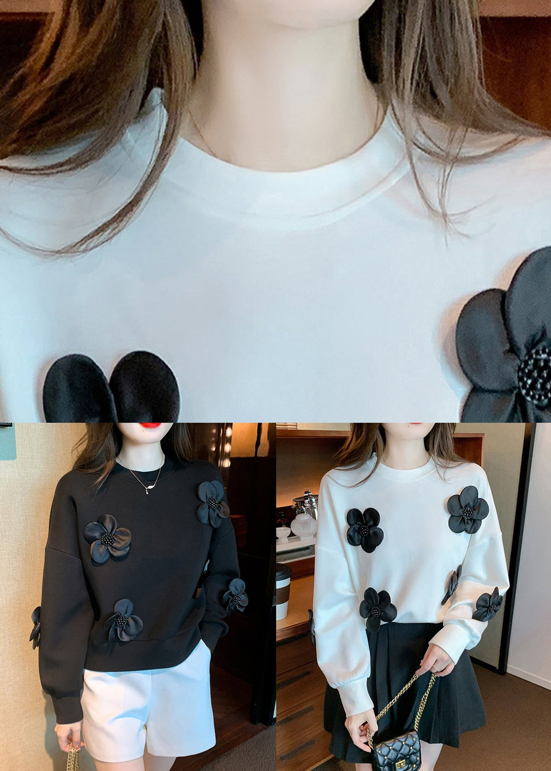 Floral Black O Neck Solid Patchwork Cotton Sweatshirt Fall