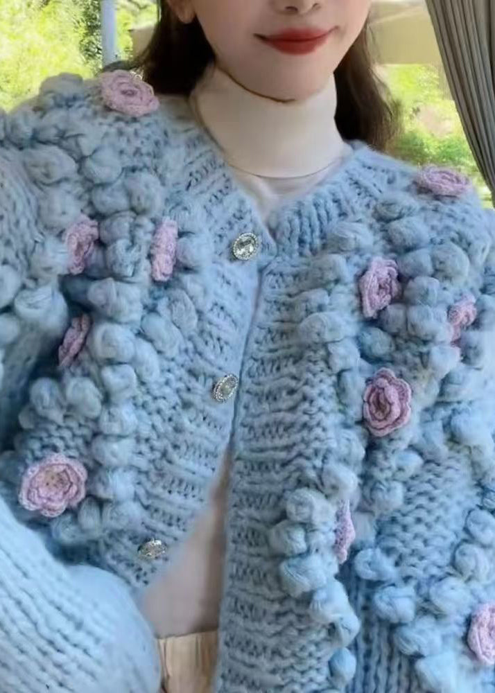 Floral Blue O Neck Button Cozy Knit Coat Winter