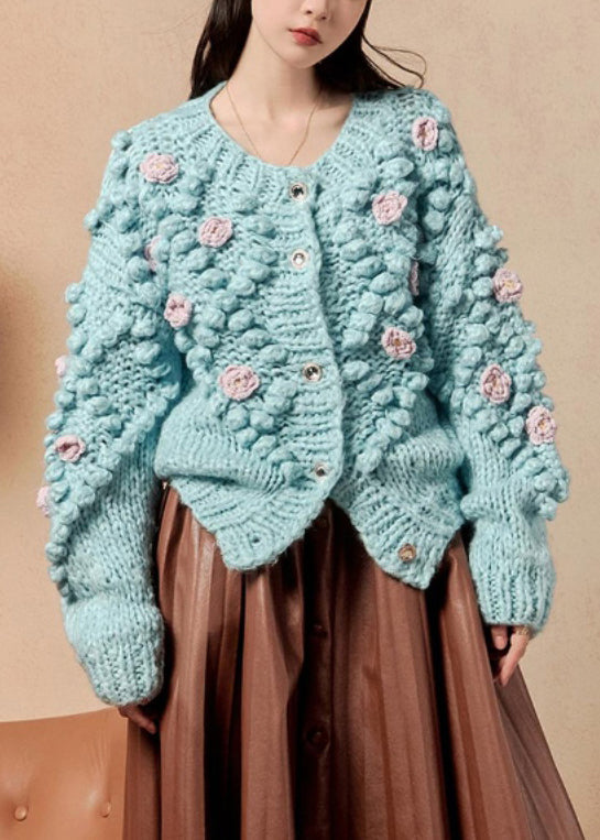 Floral Blue O Neck Button Knit Cardigan Winter