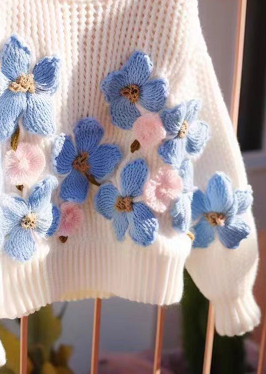 Floral Blue O Neck Hollow Out Cozy Knit Sweaters Fall