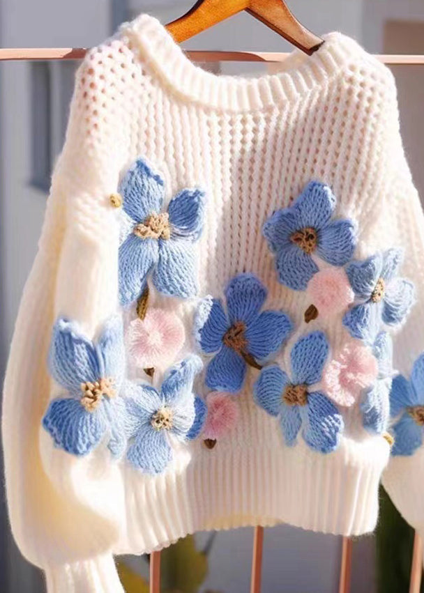 Floral Blue O Neck Hollow Out Cozy Knit Sweaters Fall