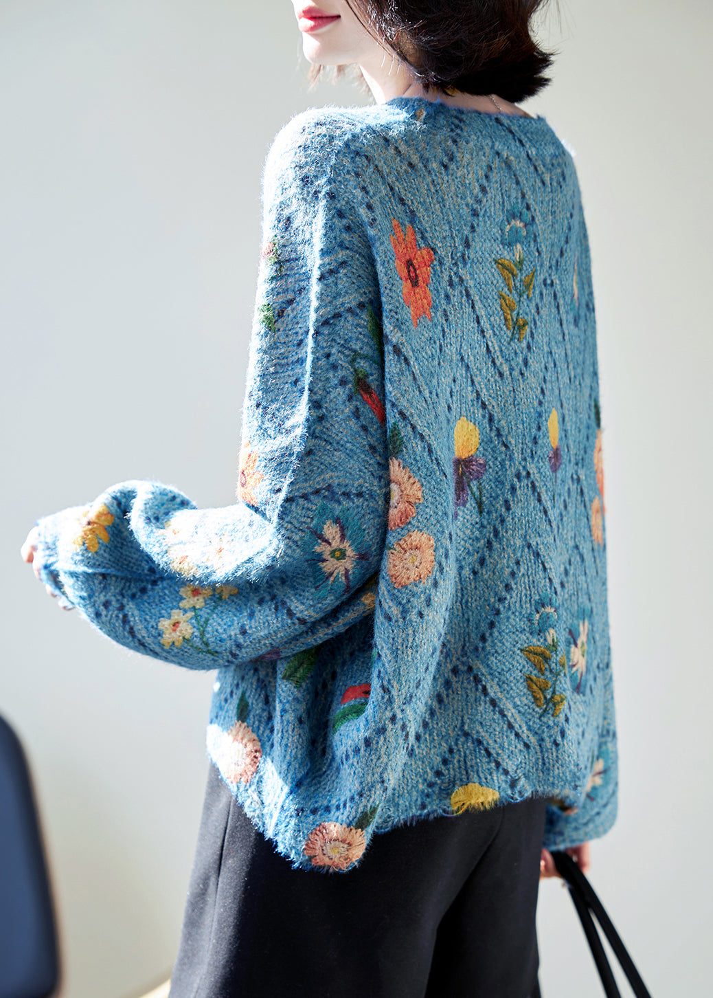 Floral Blue O-Neck Hollow Out Knit Sweaters Fall