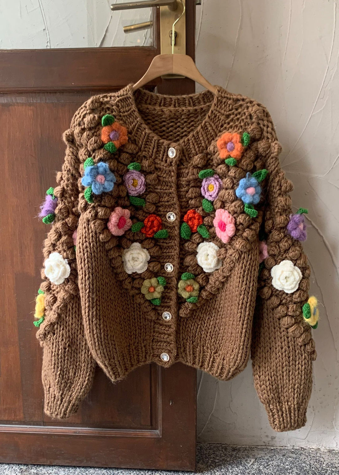 Floral Brown Button Cozy Patchwork Cotton Knit Coats Winter