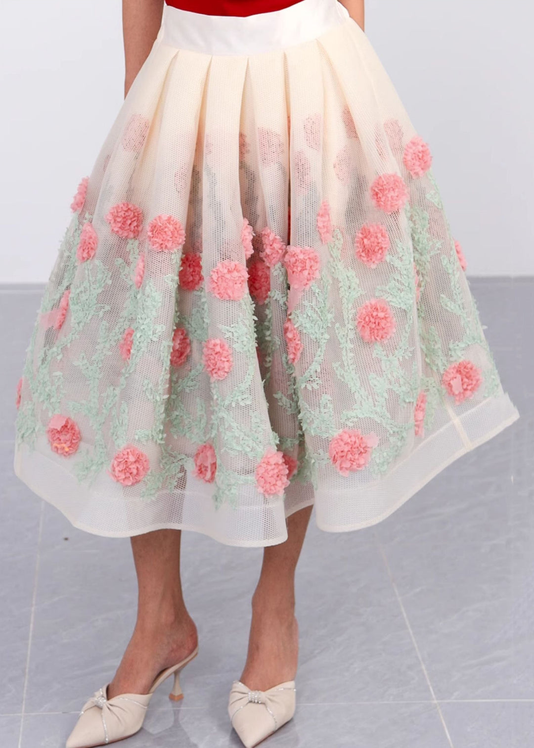 Floral Hollow Out Pockets Patchwork Tulle Skirt Summer