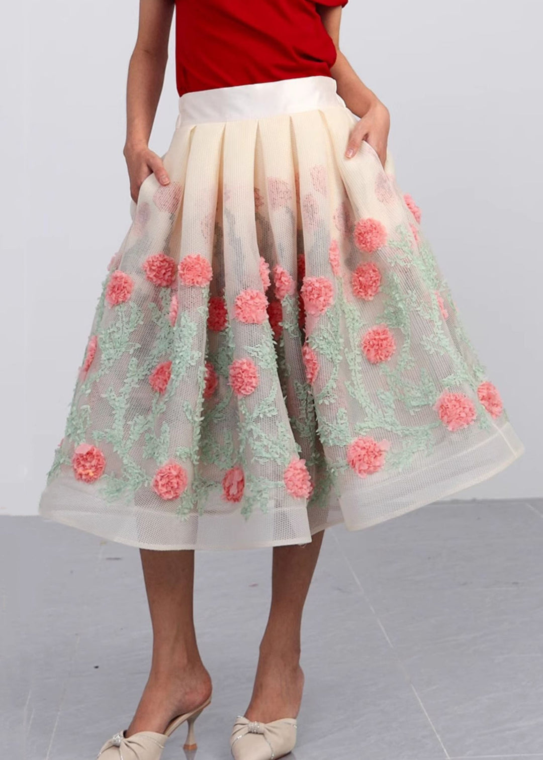 Floral Hollow Out Pockets Patchwork Tulle Skirt Summer