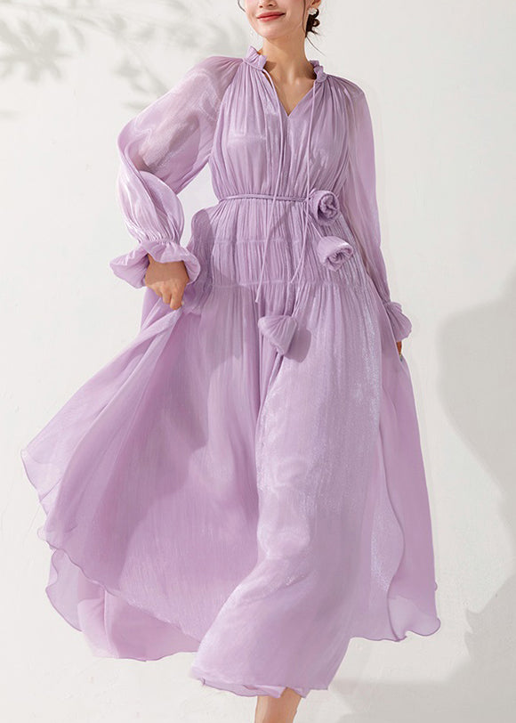 Floral Light Purple Ruffled Lace Up Silk Long Dress Fall