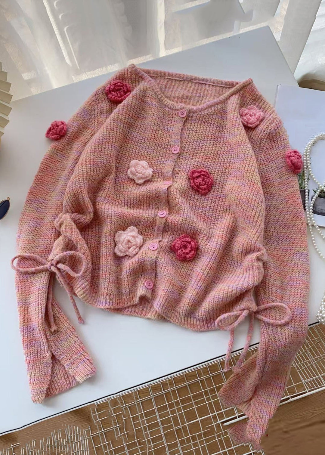 Floral Pink O Neck Button Lace Up Knit Cardigan Winter