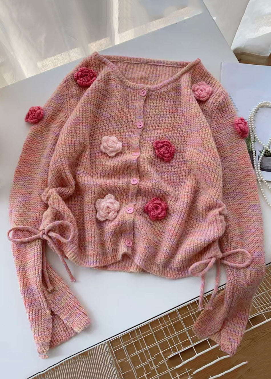 Floral Pink O Neck Button Lace Up Knit Cardigan Winter