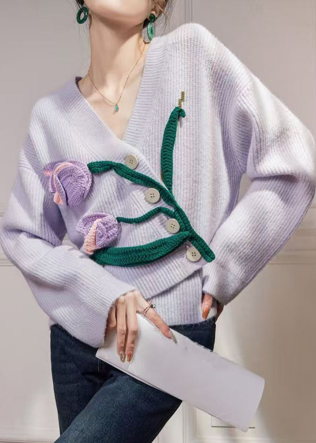 Floral Purple Asymmetrical Button Knit Cardigan Winter