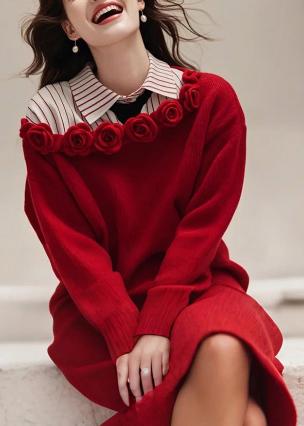 Floral Red Slash Neck Solid Knit Sweater Dress Fall