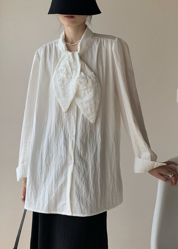 Floral White Bow Button Cotton Blouse Fall