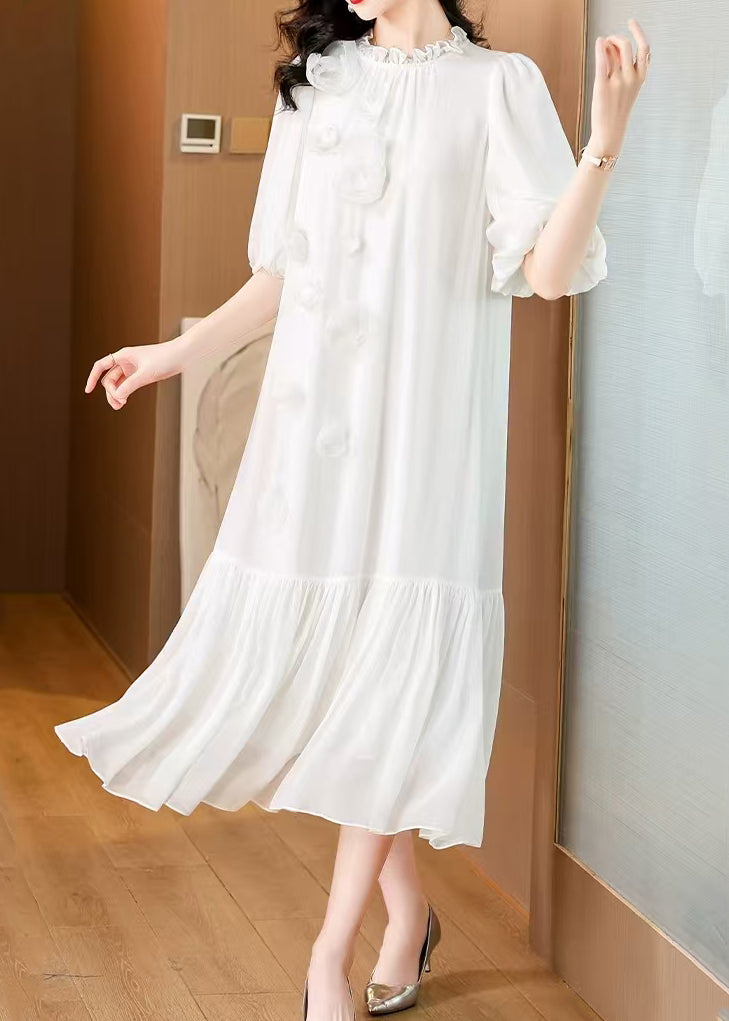 Floral White Ruffled Solid Silk Long Dress Summer