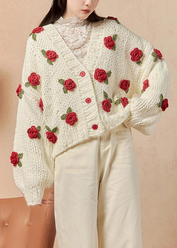 Floral White V Neck Hollow Out Cotton Knit Cardigans Spring