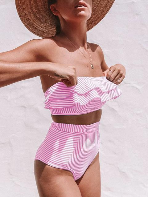 Flounce Sleeve Bandeau Stripe Swimsuit