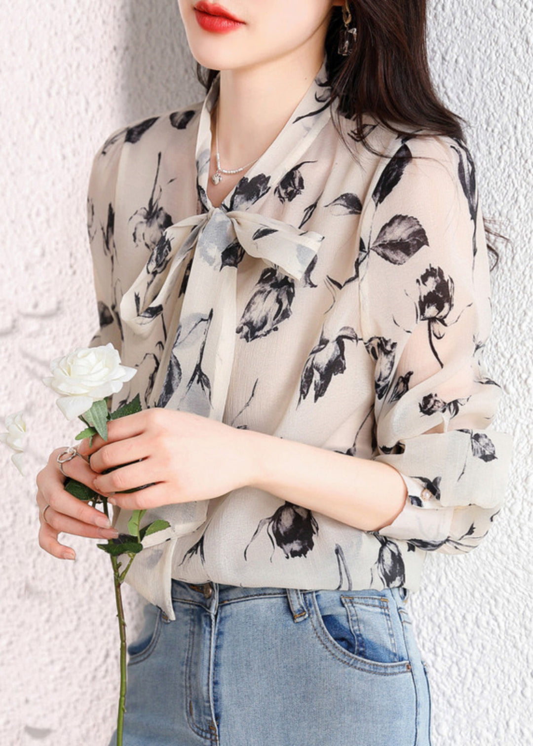 French Apricot Print Lace Up Chiffon Shirts Spring