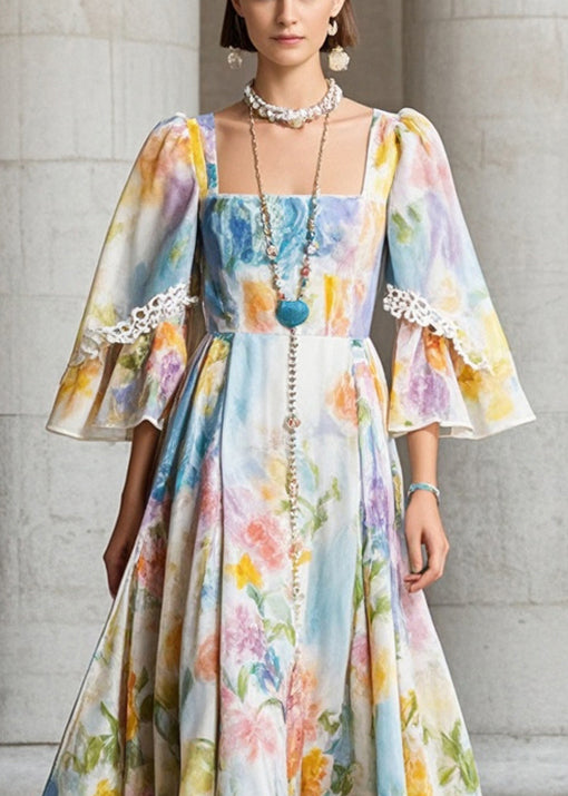 French Apricot Square Collar Print Chiffon Dress Fall