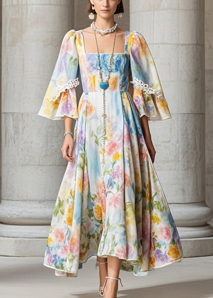 French Apricot Square Collar Print Chiffon Dress Fall