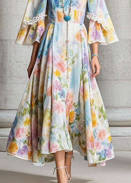 French Apricot Square Collar Print Chiffon Dress Fall