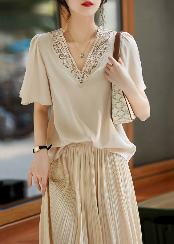 French Apricot V Neck Hollow Out Embroidered Chiffon Blouses Summer