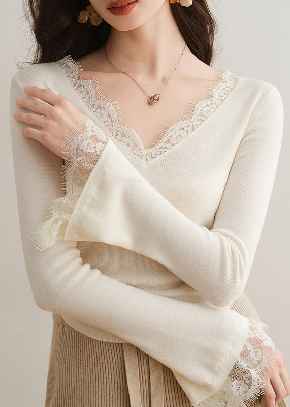 French Apricot V Neck Lace Patchwork Knit Top Flare Sleeve