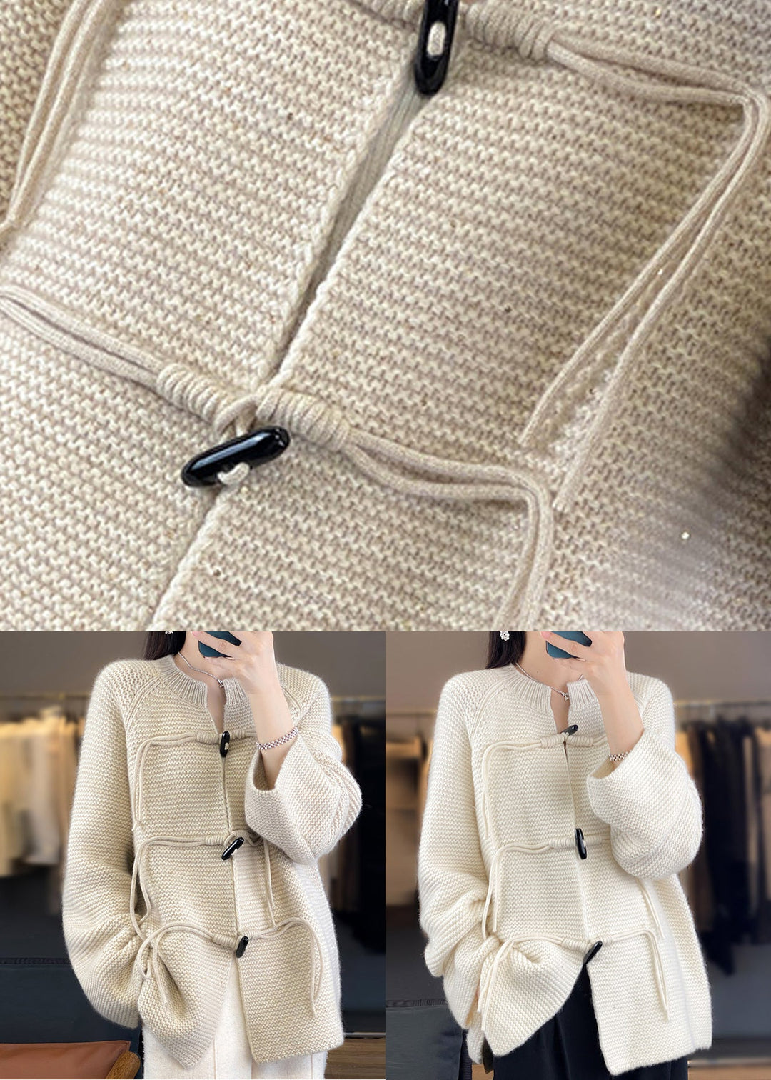 French Beige Button Cozy Woolen Knit Coats Fall