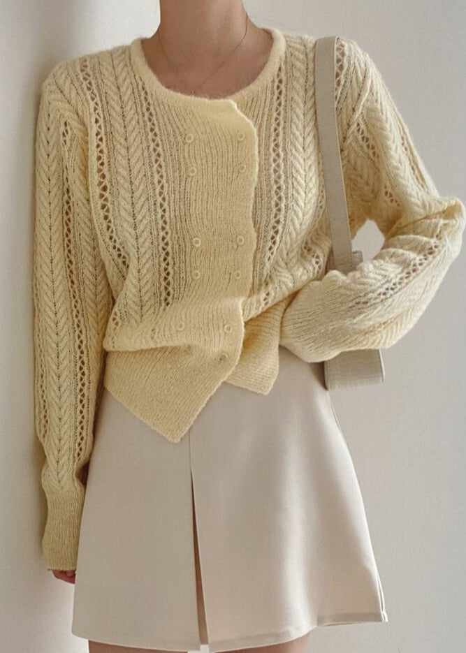 French Beige Double Breast Hollow Out Knit Top Spring