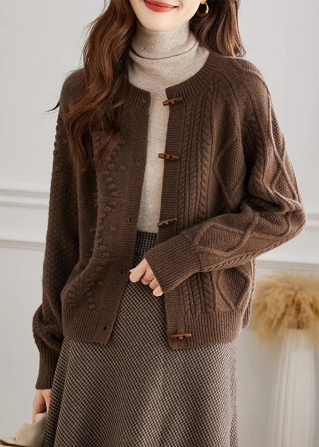 French Beige O Neck Button Cozy Knit Cardigan Fall