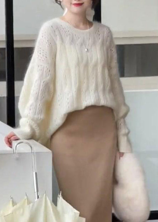 French Beige O Neck Hollow Out Woolen Knit Sweaters Spring