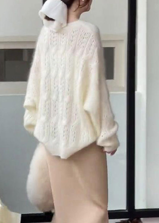 French Beige O Neck Hollow Out Woolen Knit Sweaters Spring