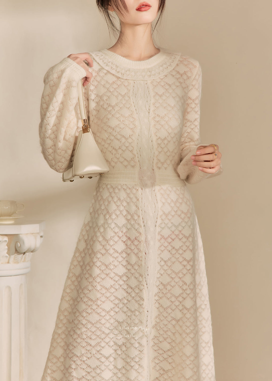 French Beige O Neck Jacquard Knitted Dress Fall