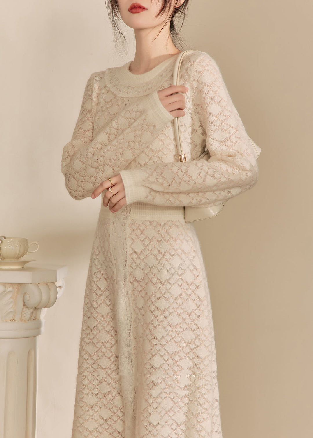 French Beige O Neck Jacquard Knitted Dress Fall