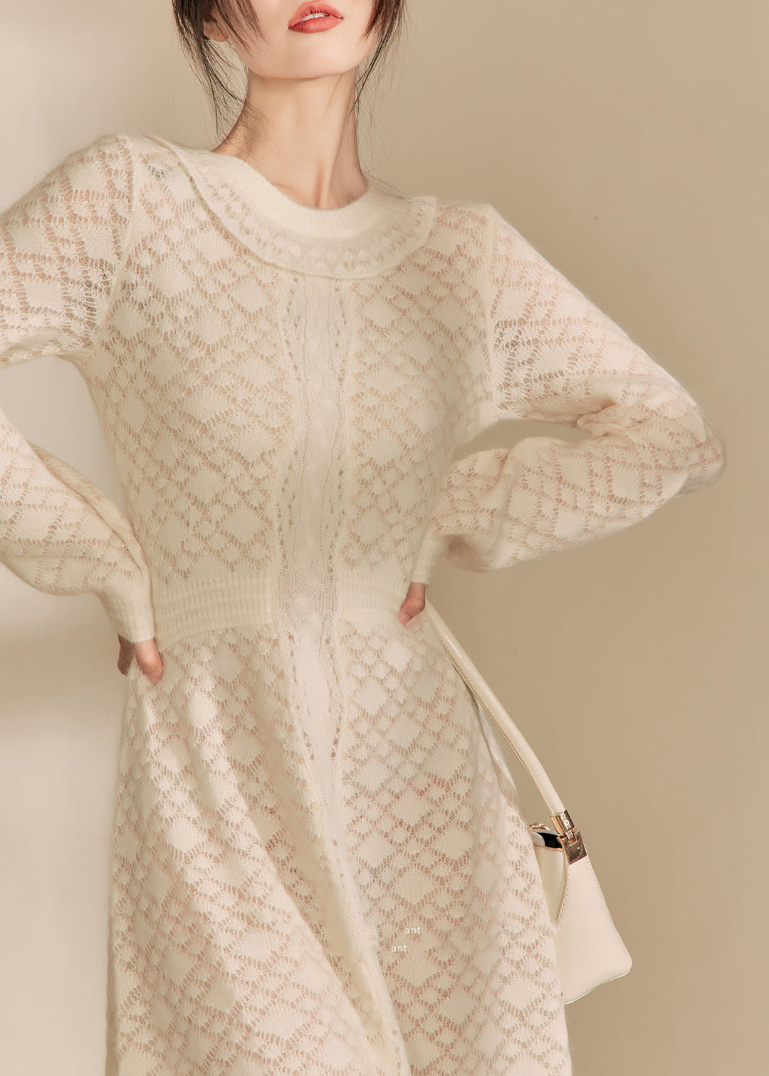 French Beige O Neck Jacquard Knitted Dress Fall