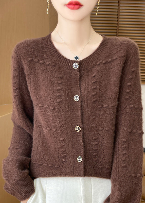 French Beige O Neck Jacquard Wool Cardigan Spring