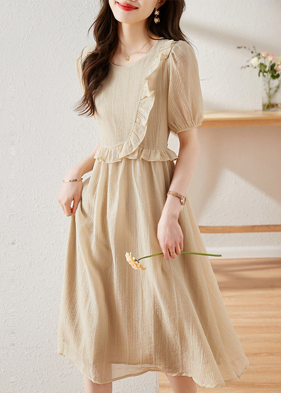 French Beige O Neck Ruffled Patchwork Cotton Dresses Summer