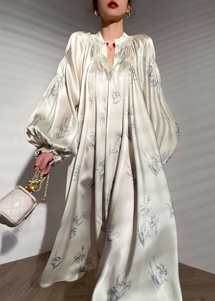 French Beige Print Tie Waist Silk Maxi Dress Long Sleeve