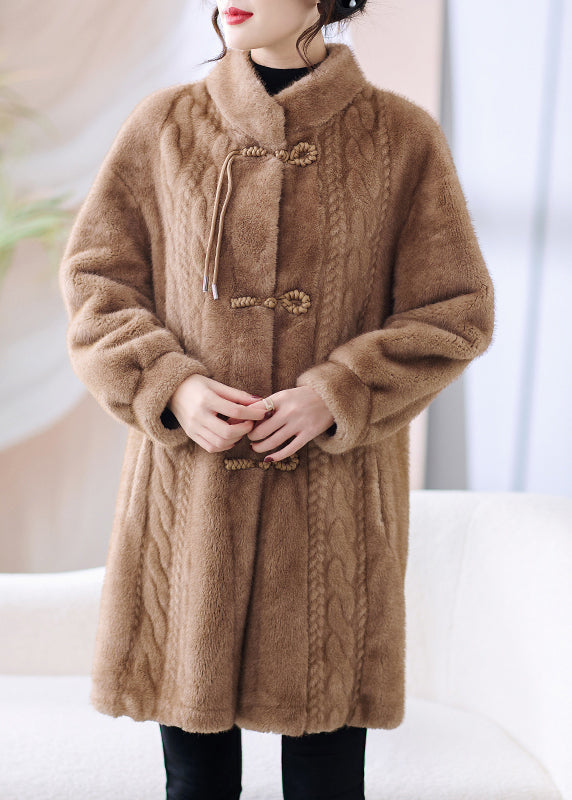 French Beige Stand Collar Button Pockets Mink Hair Coat Winter