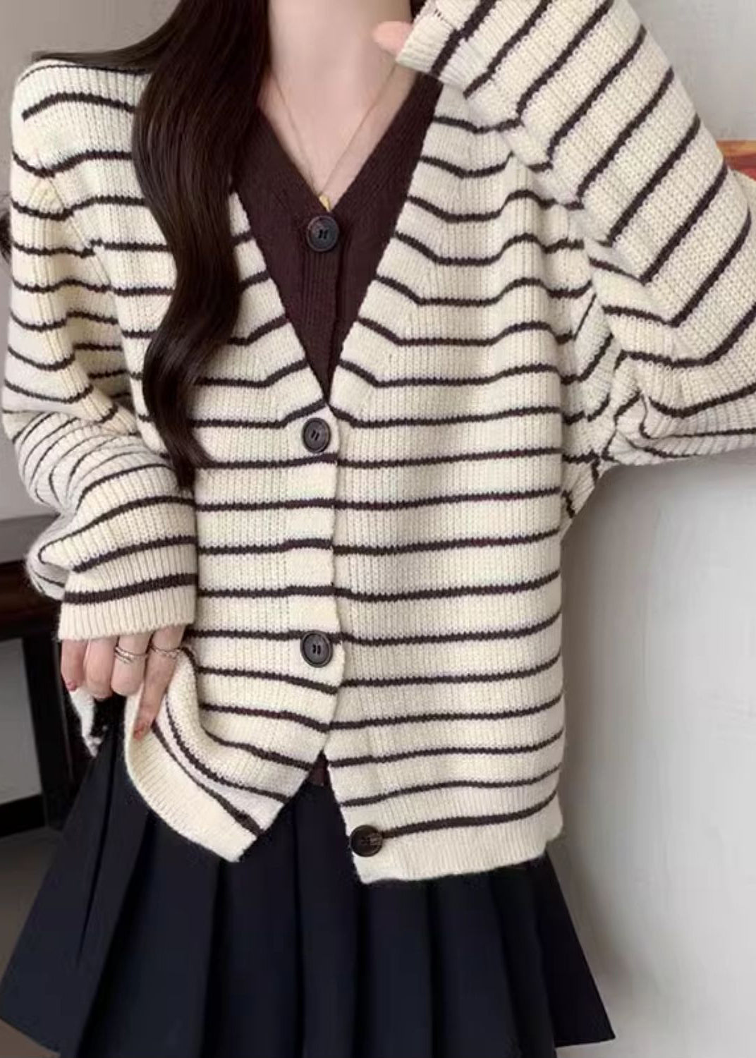 French Beige Striped Knit Fake Two Piece Cardigan Fall