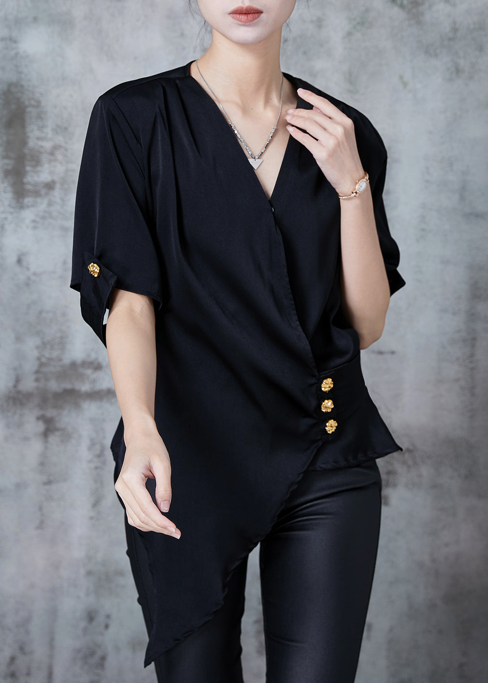 French Black Asymmetrical Golden Buttons Chiffon Shirt Top Summer