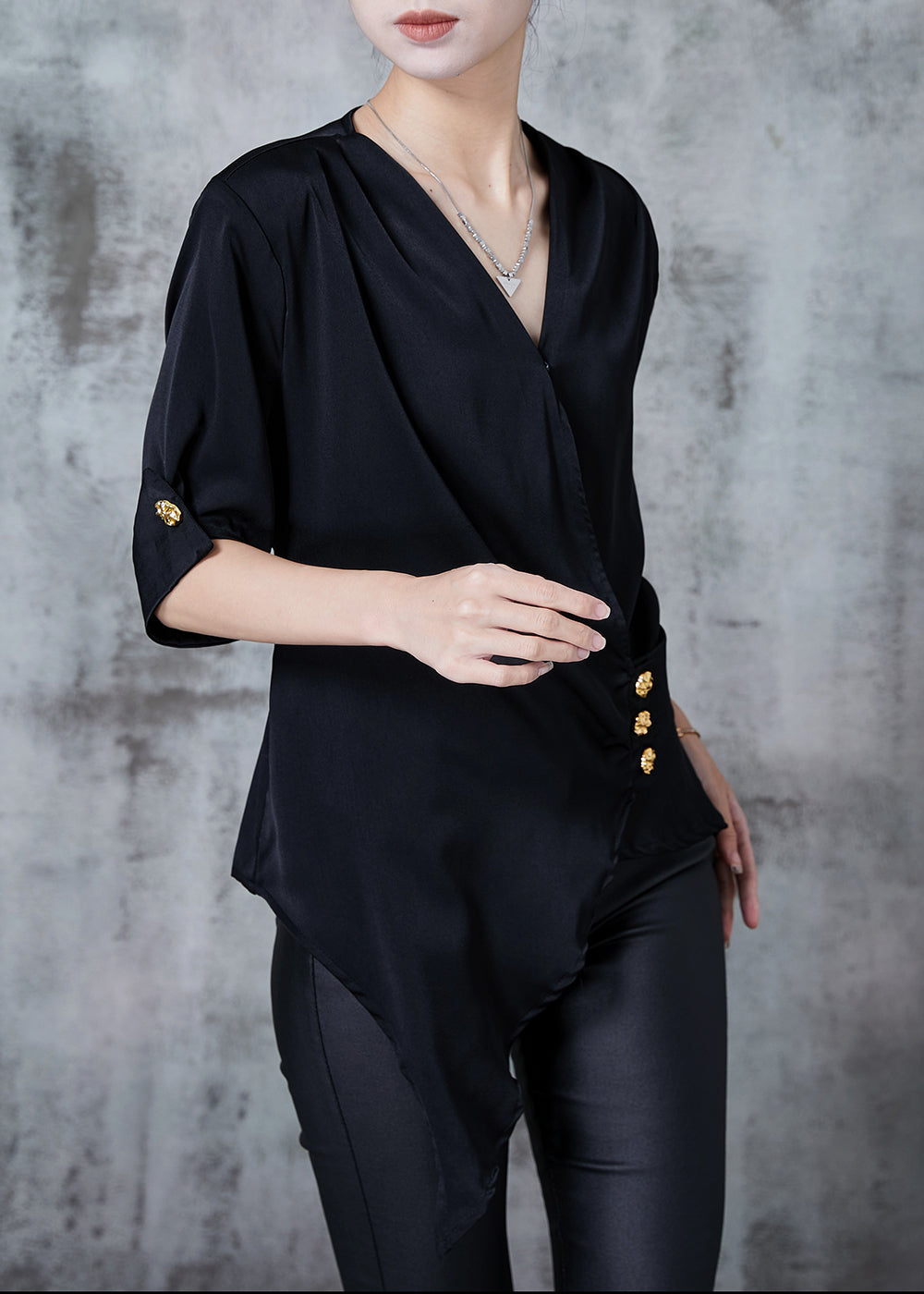 French Black Asymmetrical Golden Buttons Chiffon Shirt Top Summer