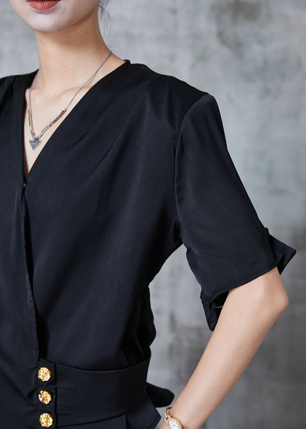 French Black Asymmetrical Golden Buttons Chiffon Shirt Top Summer