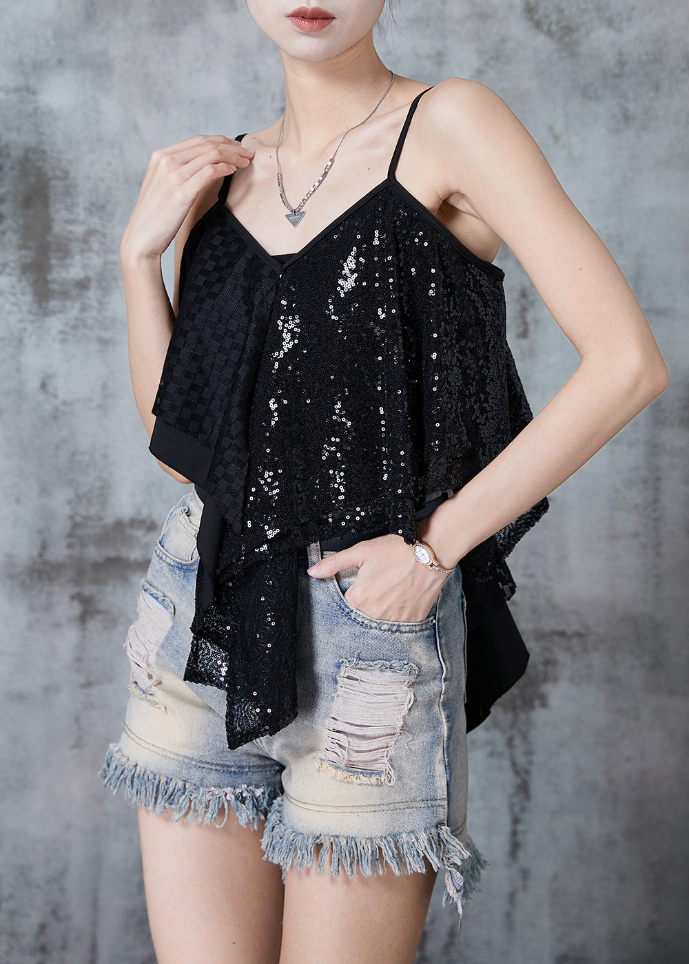 French Black Asymmetrical Patchwork Sequins Beach Vest Summer