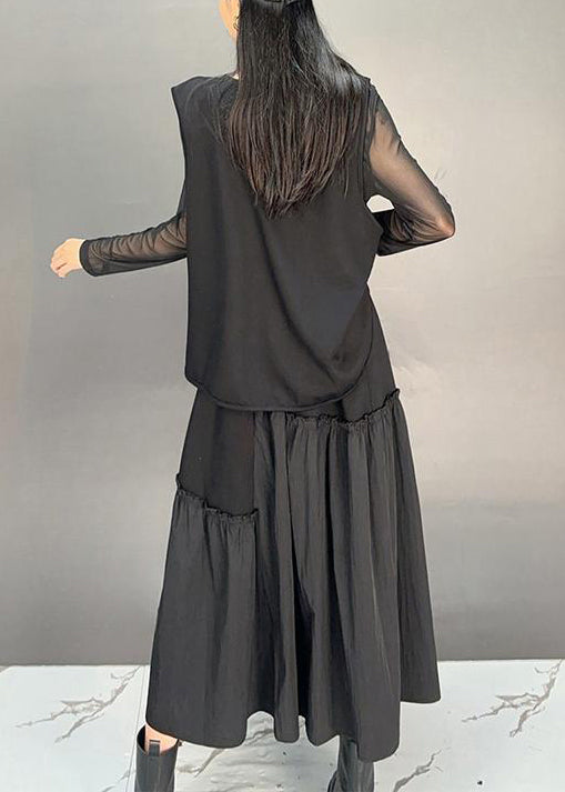 French Black Asymmetrical Ruffled Waistcoat And Skirts Two-Piece Set Sleeveless