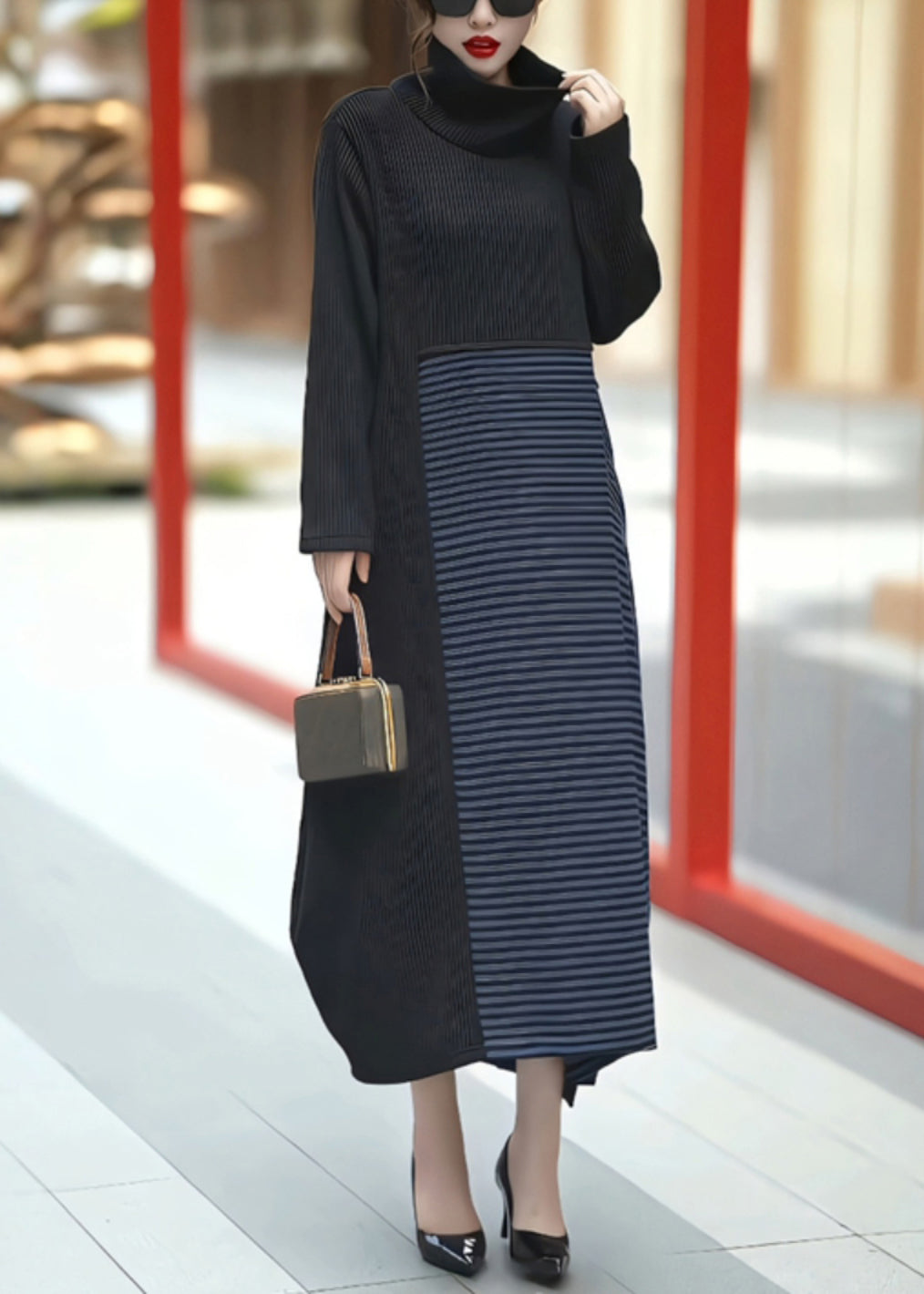 French Black Asymmetrical Striped Knit Patchwork Long Dress Winter