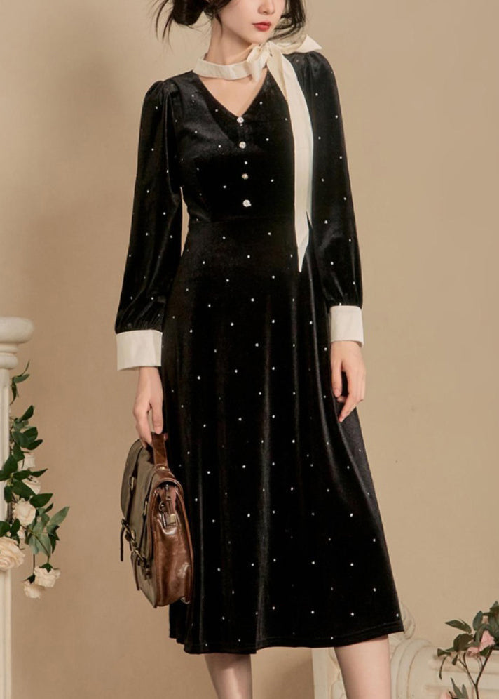 French Black Bow Dot Silk Velvet Long Dress Winter