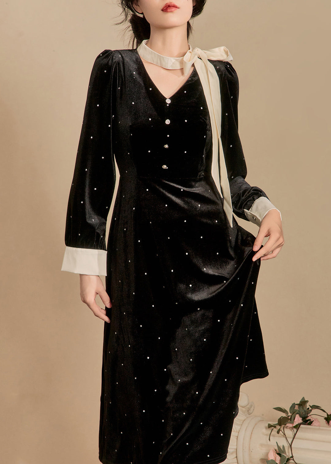 French Black Bow Dot Silk Velvet Long Dress Winter